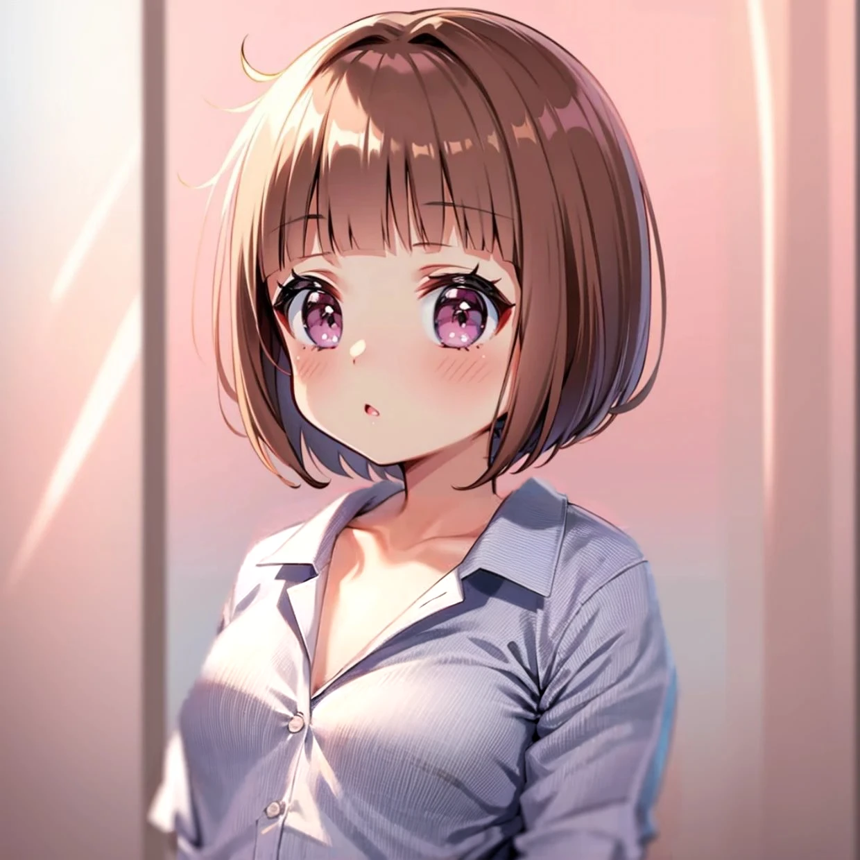 Brown Hair、Fine Deal、One button-front shirt、Fine wrinkles and expressions on clothes 