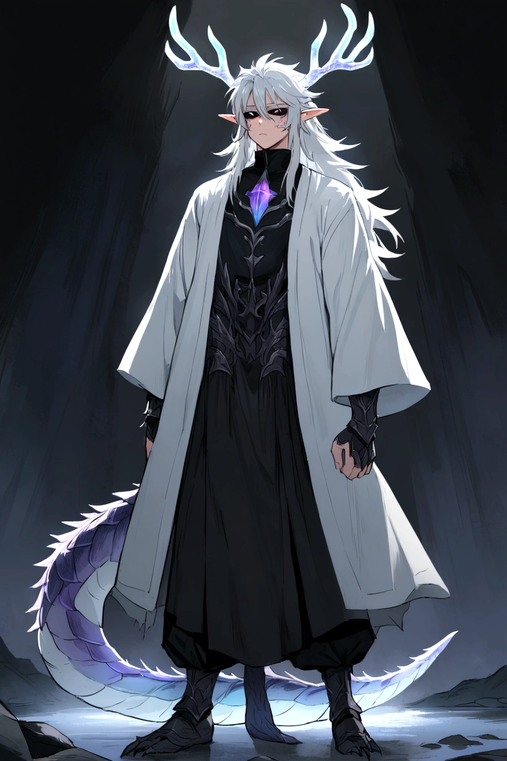 Solo, male teen, Character fusion: Nibelung fused with nidhoggr, odin and sun wukong, tall tanned man with wild unruly white hair, bangs on face, bangs, ((iridescent irises)), black sclera on eyes, long voluminous hair, spiky hair, pointy ears, fit , clawed fingers, dragon tail, open haori, turtleneck tanktop, dark crystal antlers, exhausted expression, khaenr'ah abyss, draconic person, calamity incarnate, full body