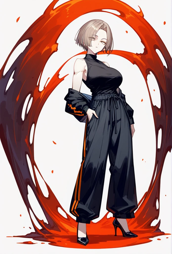 masterpiece, Score_9, Score_8_up, Score_7_up, mirando a espectador, 1 woman, alone, black and light brown hair, very short hair, parted bangs, golden and orange eyes, half-closed eyes, parted lips, expressionless, pale skin, large breasts, many scars, one scar on one eye, the best quality, long and open bangs, black sleeveless shirt, black V-neckline, baggy pants, high heels