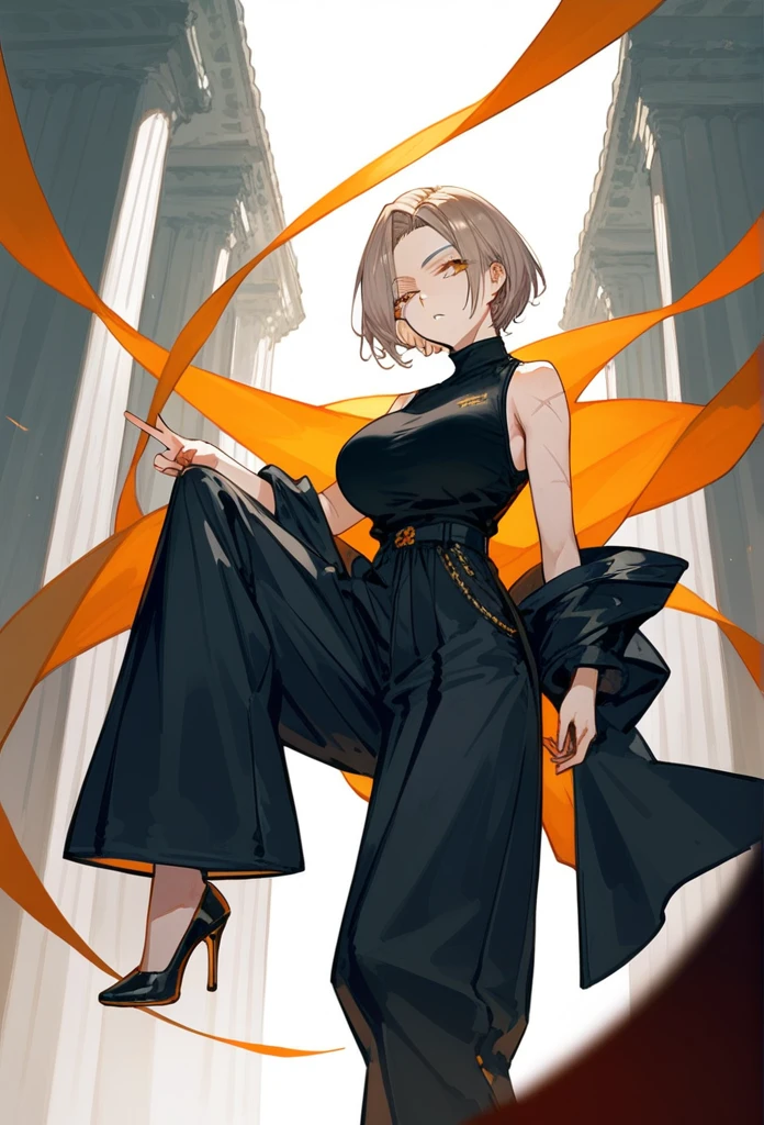 masterpiece, Score_9, Score_8_up, Score_7_up, mirando a espectador, 1 woman, alone, black and light brown hair, very short hair, parted bangs, golden and orange eyes, half-closed eyes, parted lips, expressionless, pale skin, large breasts, many scars, one scar on one eye, the best quality, long and open bangs, black sleeveless shirt, black V-neckline, baggy pants, high heels