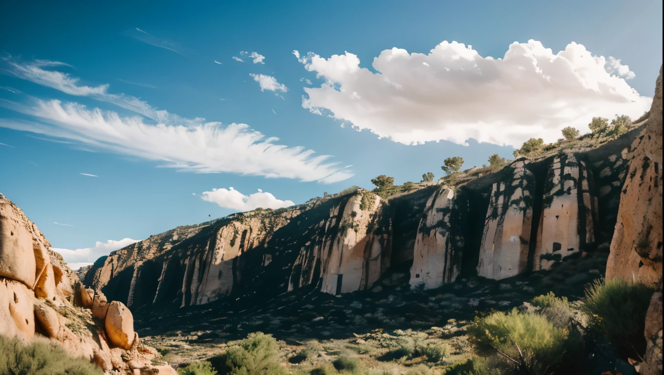 A massive vertical rock wall in a desert valley, lush green trees surrounding it, a bright blue sky with fluffy clouds above, a stunning natural climbing wall in El Chorro, Malaga, high contrast, vivid colors, (best quality,4k,8k,highres,masterpiece:1.2),ultra-detailed,(realistic,photorealistic,photo-realistic:1.37),landscape,dramatic lighting,stunning vista,rugged terrain,rocky outcrop,arid environment,rugged cliffs,sun-dappled foliage,dramatic shadows,dramatic clouds,serene atmosphere