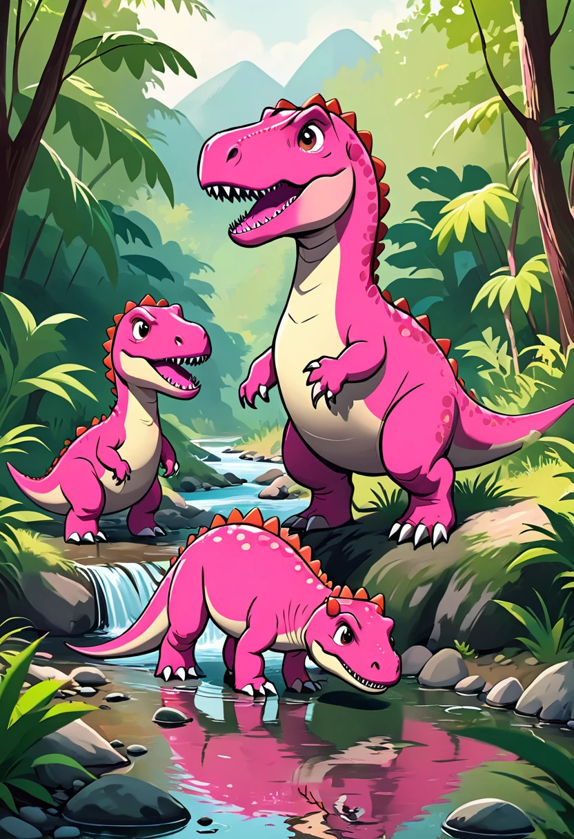 Cute pink Tyrannosaurus Rex，a family of three，Warm，Creek