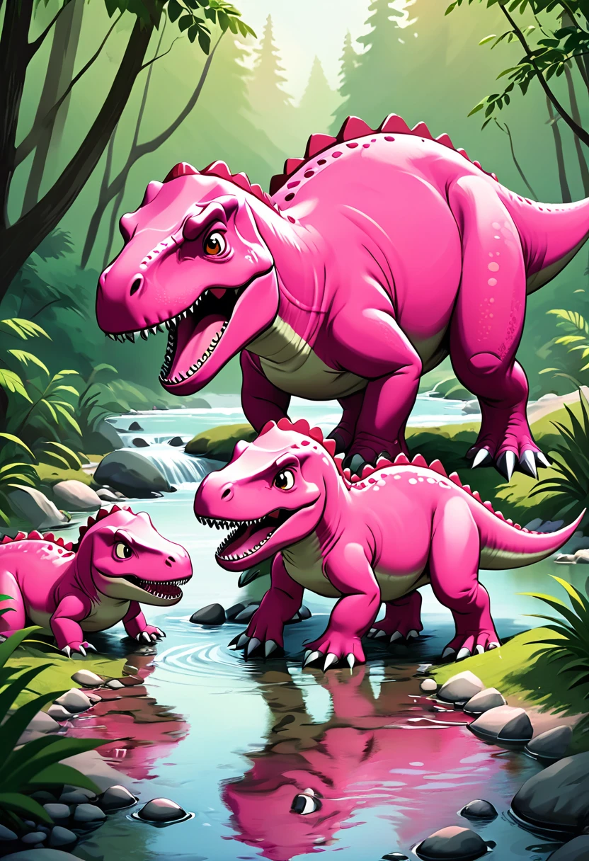 Cute pink Tyrannosaurus Rex,a family of three,Warm,Creek