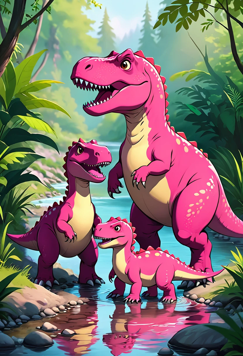 Cute pink Tyrannosaurus Rex,a family of three,Warm,Creek