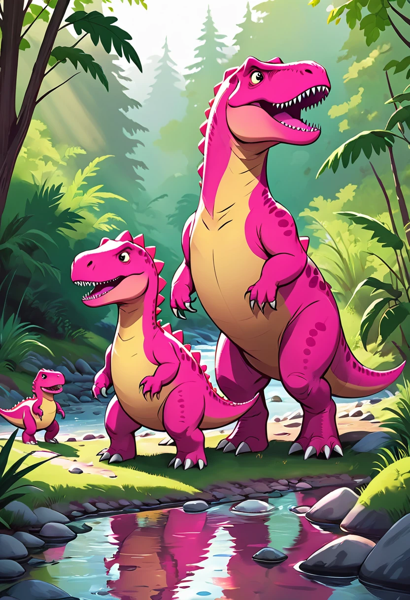 Cute pink Tyrannosaurus Rex,a family of three,Warm,Creek