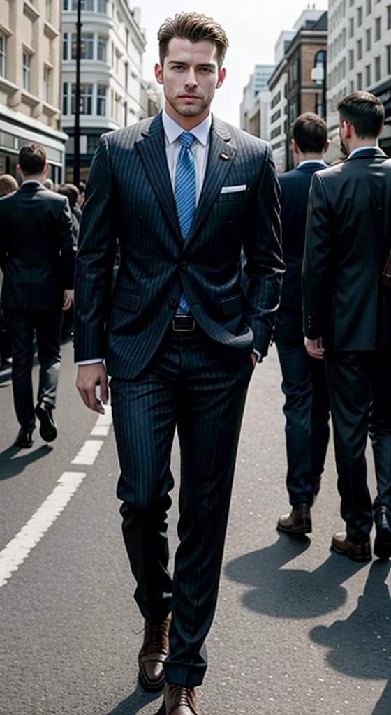 high resolution image of a muscular man, white-skinned, showing full body, flat hair, muscular arms, wearing a black pinstripe suit, wearing brown leather buckle boots, walking in London blurred in the background, With Sun, holding men&#39;s briefcase, looking at camera, perfect italian style face, fine nose, squared chin, barba, pink mouth lips, cloused mouth, well-defined eyes with blue iris, muscular legs, 8K ultra resolution.