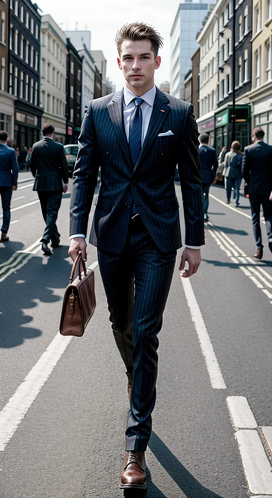 high resolution image of a muscular man, white-skinned, showing full body, flat hair, muscular arms, wearing a black pinstripe suit, wearing brown leather buckle boots, walking in London blurred in the background, With Sun, holding men&#39;s briefcase, looking at camera, perfect italian style face, fine nose, squared chin, barba, pink mouth lips, cloused mouth, well-defined eyes with blue iris, muscular legs, 8K ultra resolution.