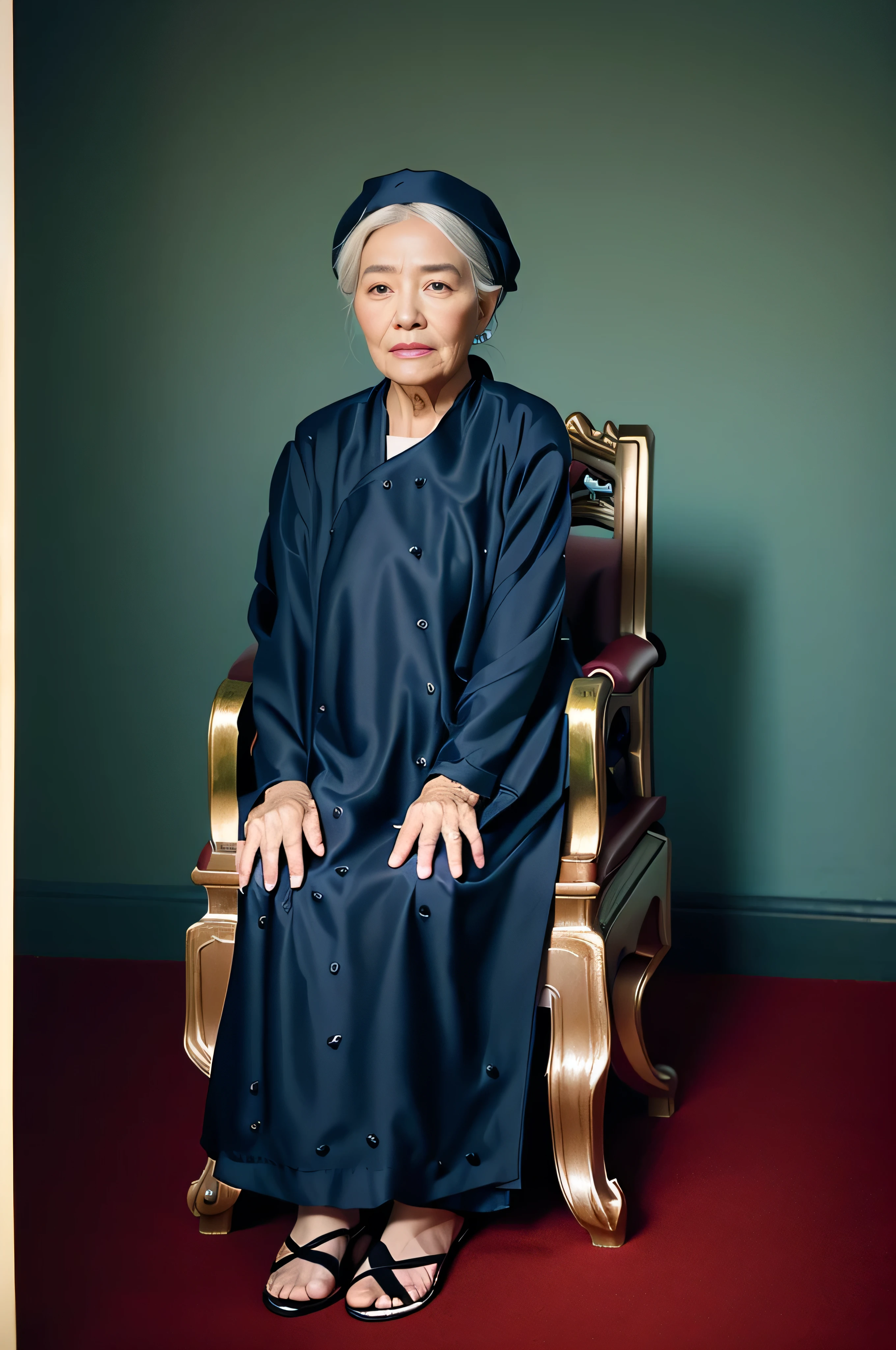 Highly realistic photo, ((masterpiece), (best quality), (raw photo), (photorealistic:1.4), The photo depicts an elderly vietnamese old woman sitting on a chair. She is wearing a dark-colored traditional long dress and a headscarf. She is wearing flip-flops and has her hands resting on her lap. The elderly woman has a kind appearance, a thin face with many wrinkles, and white hair. The background of the photo is a gradient from deep blue to light blue. The chair she is sitting on has a classic design with intricate patterns) , photo taken by Sony A7IV
