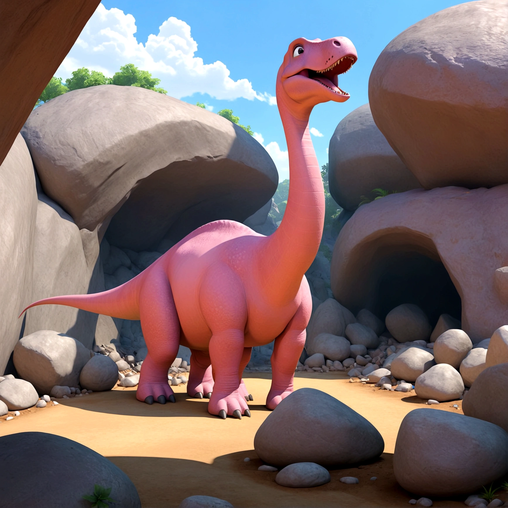 In the town of Bedrock, a pink brontosaurus acts like a crane on a construction site, a cave woman in a stone control room on the dinosaurs back directs its activity,. It is lifting and placing shaped boulders using its mouth