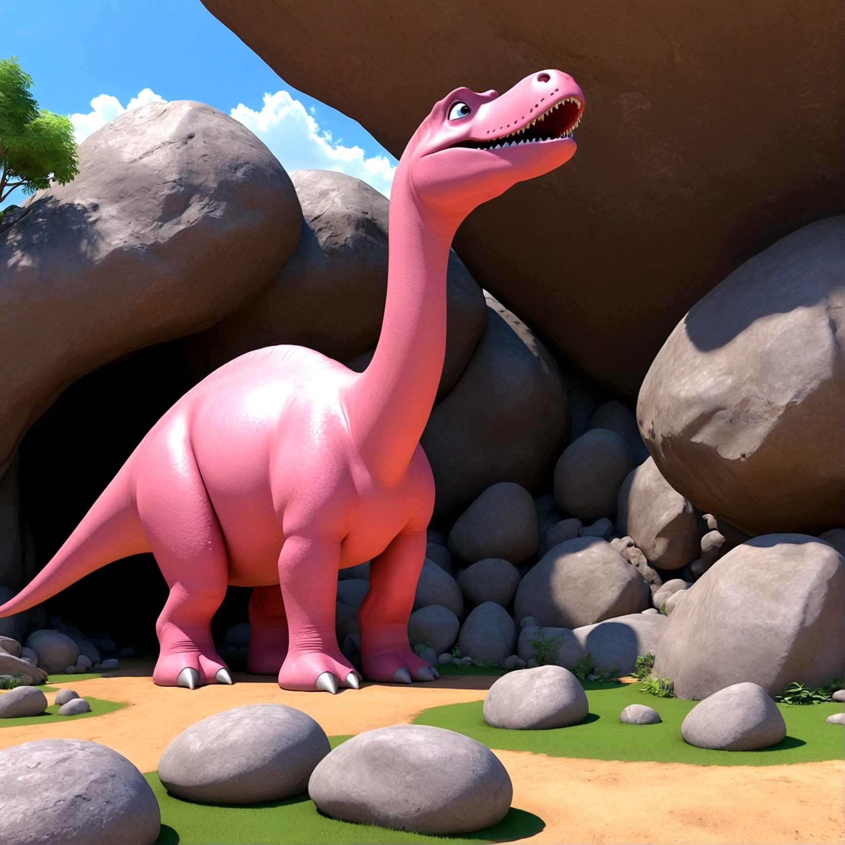 In the town of Bedrock, a pink brontosaurus acts like a crane on a construction site, a cave woman in a stone control room on the dinosaurs back directs its activity,. It is lifting and placing shaped boulders using its mouth