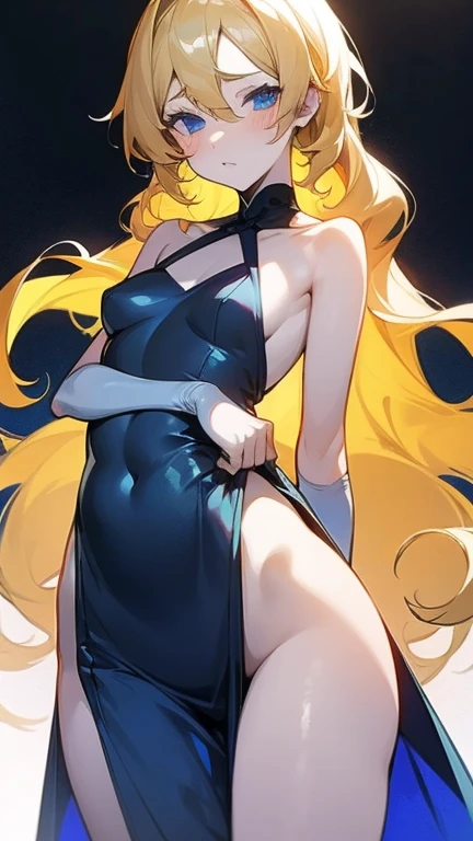female character, 8 years, Pale and white skin, dark blue eyes, blonde hair, wavy and long, Delgado, beautiful, simple light blue dress attached to the skin , fleshy breasts , small waist,Wide hips, tender position, Muslona, something provocative
