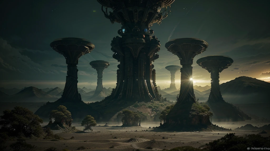 (biomechanical landscape with alien biology) biomechanical alien forest, unknown exotic plants, extraterrestrial biology unknown planet, HEAVY atmosphere with dust particles suspended in the air