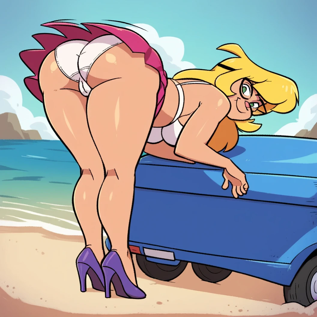 score_9, score_8_up, score_7_up, score_6_up, score_5_up, score_4_up, (Source furry), (rating nsfw), 1girl solo, outdoors, beachfront, looking at viewer, glasses, callie briggs, detailed, detailed fur, rear view, topless, standing, wiggling her bottom, full view, legs, purple heels, white panties, hula dance, white bra, big butt, thicc, hula skirt, beach, blonde hair, twerking, sexy, head turned to viewer, panties at feet, butthole, vagina