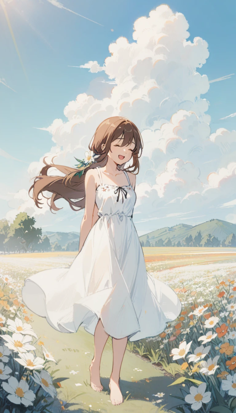 1girl,solo,long hair,smile,open mouth,brown hair,dress,closed eyes,flower,outdoors,sky,barefoot,day,cloud,white dress,arms behind back,sundress,field,