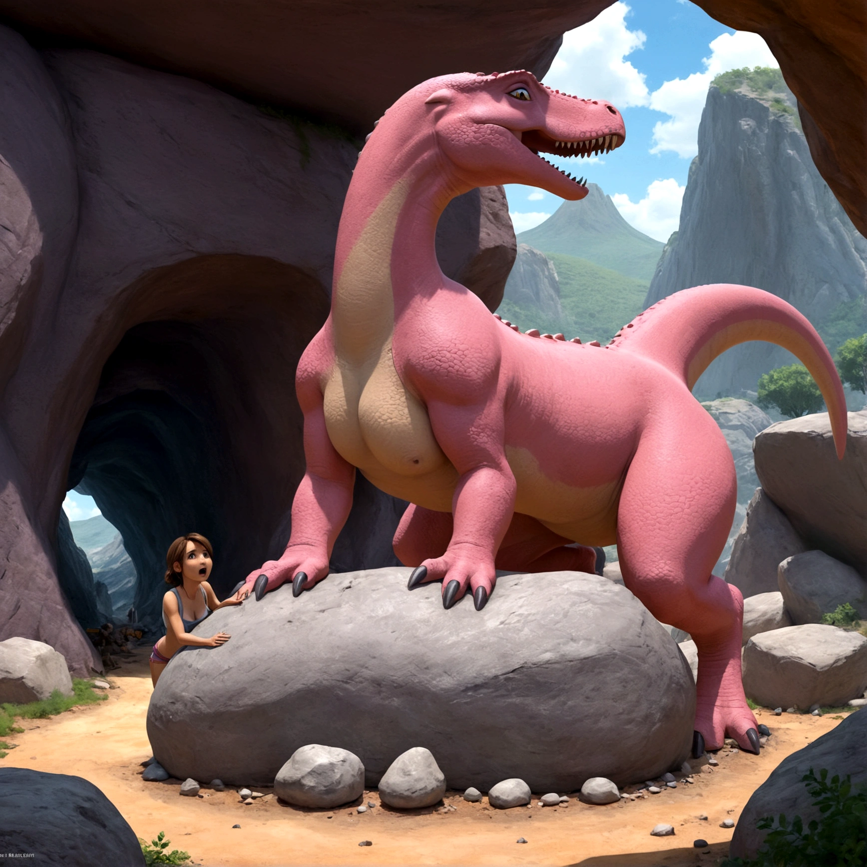 In the town of Bedrock, a pink brontosaurus acts like a crane on a construction site, a cave woman in a stone control room on the dinosaurs back directs its activity,. It is lifting and placing shaped boulders using its mouth