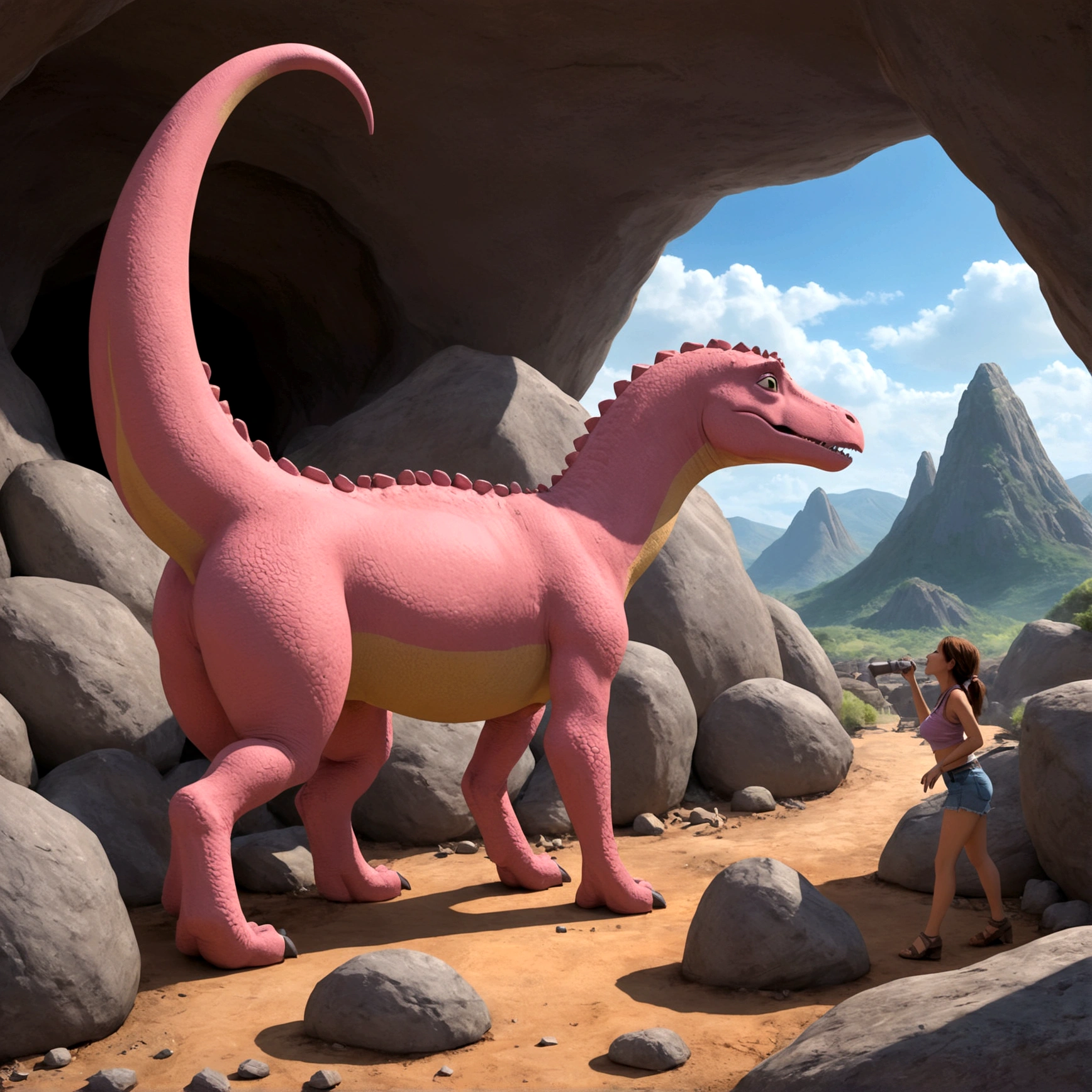 In the town of Bedrock, a pink brontosaurus acts like a crane on a construction site, a cave woman in a stone control room on the dinosaurs back directs its activity,. It is lifting and placing shaped boulders using its mouth
