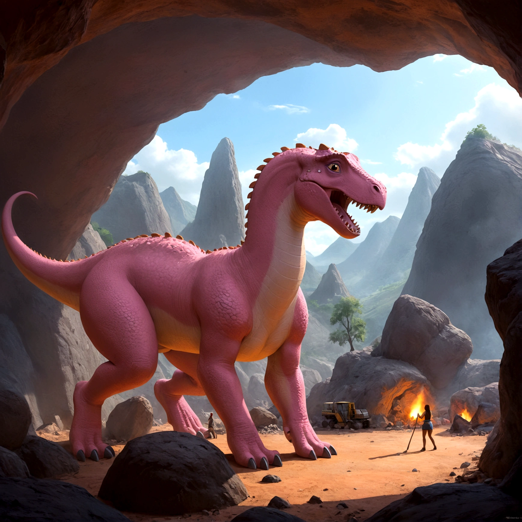 In the town of Bedrock, a pink brontosaurus acts like a crane on a construction site, a cave woman in a stone control room on the dinosaurs back directs its activity,. It is lifting and placing shaped boulders using its mouth