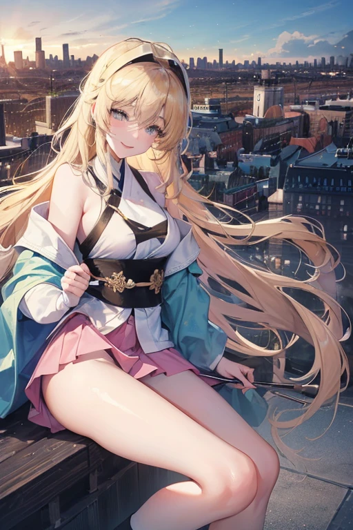 Official Art, masterpiece, Clear focus, (beautiful, Beautiful and cute Korean woman:1.3), (Beautiful and cute Korean:1.3), Korean beauty, 精致beautiful头发、Eyes and face, actual, Super detailed, beautiful女孩, Blue sky, Glowing white particles, (Side Light:1.2), Sunlight, White Cloud, Detailed clouds, Slim, Such a cute big ass, Smile with teeth bared, ((Smile with your eyes, Open your eyes)), landscape, Long straight hair, sexy facial expression, architecture, (city View:1.7), Dynamic Hair, very Long straight hair, Delicate blonde hair, Green Eyes, Pink skirt, Black socks, Pale skin, Hair accessories, epic landscape,,Black high heels,Nice ass,beautiful buttocks,There's nothing under the skirt.,weight loss