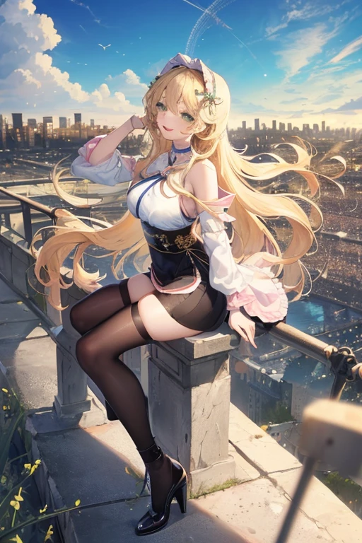 Official Art, masterpiece, Clear focus, (beautiful, Beautiful and cute Korean woman:1.3), (Beautiful and cute Korean:1.3), Korean beauty, 精致beautiful头发、Eyes and face, actual, Super detailed, beautiful女孩, Blue sky, Glowing white particles, (Side Light:1.2), Sunlight, White Cloud, Detailed clouds, Slim, Such a cute big ass, Smile with teeth bared, ((Smile with your eyes, Open your eyes)), landscape, Long straight hair, sexy facial expression, architecture, (city View:1.7), Dynamic Hair, very Long straight hair, Delicate blonde hair, Green Eyes, Pink skirt, Black socks, Pale skin, Hair accessories, epic landscape,,Black high heels,Nice ass,beautiful buttocks,There's nothing under the skirt.,weight loss