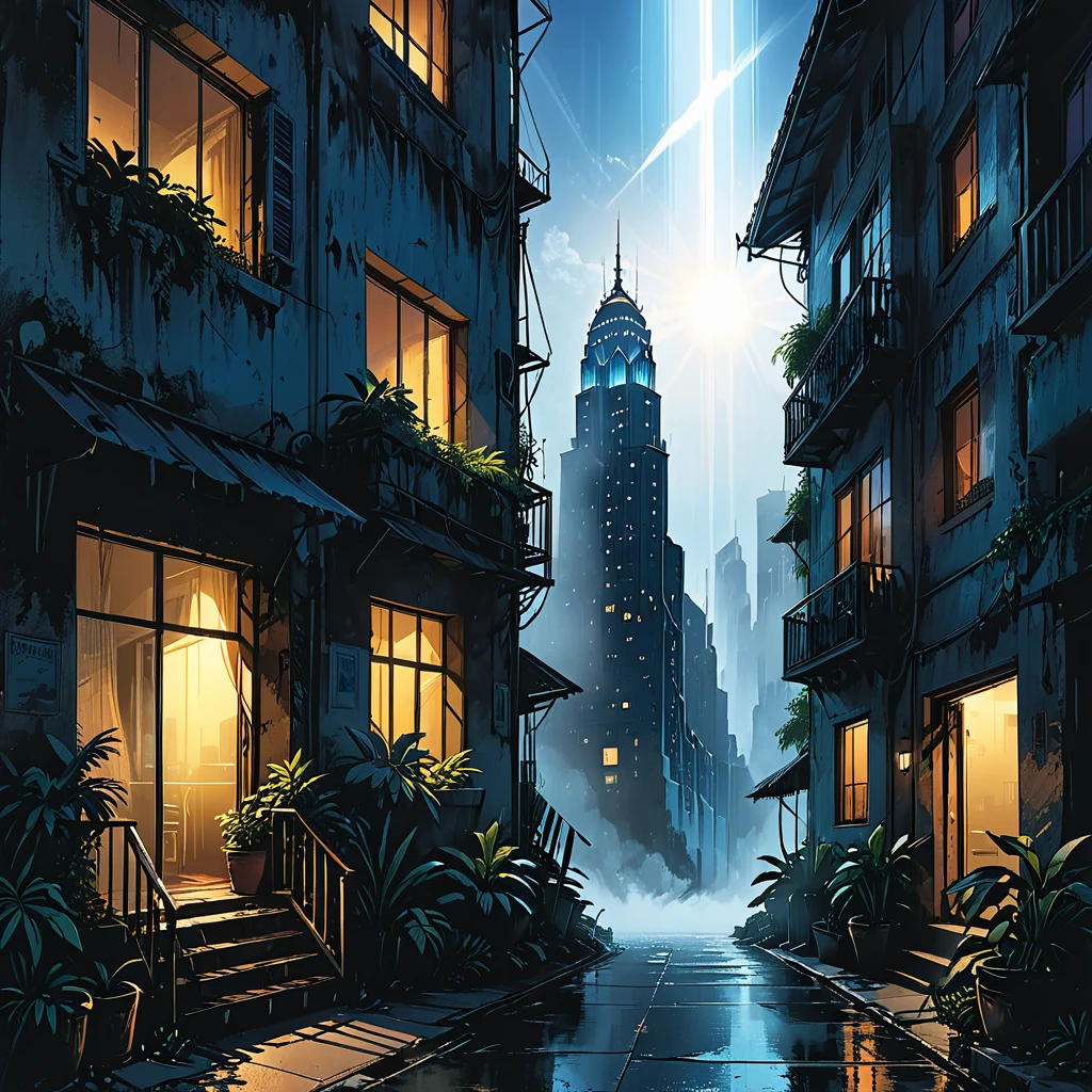 
(outside of a skyscraper),light beams should be clearly visible, highlighting the dusty air, night, dark, 
the light is only from a skyscraper,
skyscraper, fog, tropical island, ((illuminated window with bright light streaming out)), casting rays that penetrate the darkness, graphic style of novel comics,  2d, 8k, hyperrealism, masterpiece, high resolution, best quality, ultra-detailed, super realistic, Hyperrealistic art, high-quality, ultra high res, highest detailed, lot of details, Extremely high-resolution details, incredibly lifelike, colourful, soft cinematic light,