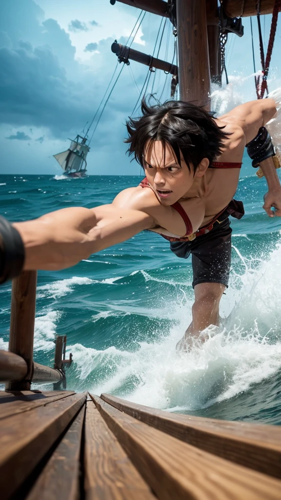 On the deck of a grand pirate ship, Monkey D. Luffy stands ready, his eyes locked onto a formidable enemy pirate. The ship rocks violently with the crashing waves of the stormy sea, and the sails billow under the fierce wind. Luffy, with his rubber-powered strength, initiates his Gomu Gomu no Gatling attack. His fists blur as they shoot forward in rapid succession, each strike aimed with precision at his adversary. The camera captures the scene from a low angle, emphasizing Luffy's powerful stance and the sheer force of his blows. The wooden planks of the deck splinter under the pressure, and the sounds of battle mix with the roar of the ocean. Lightning illuminates the sky, highlighting the intensity and chaos of the pirate confrontation.