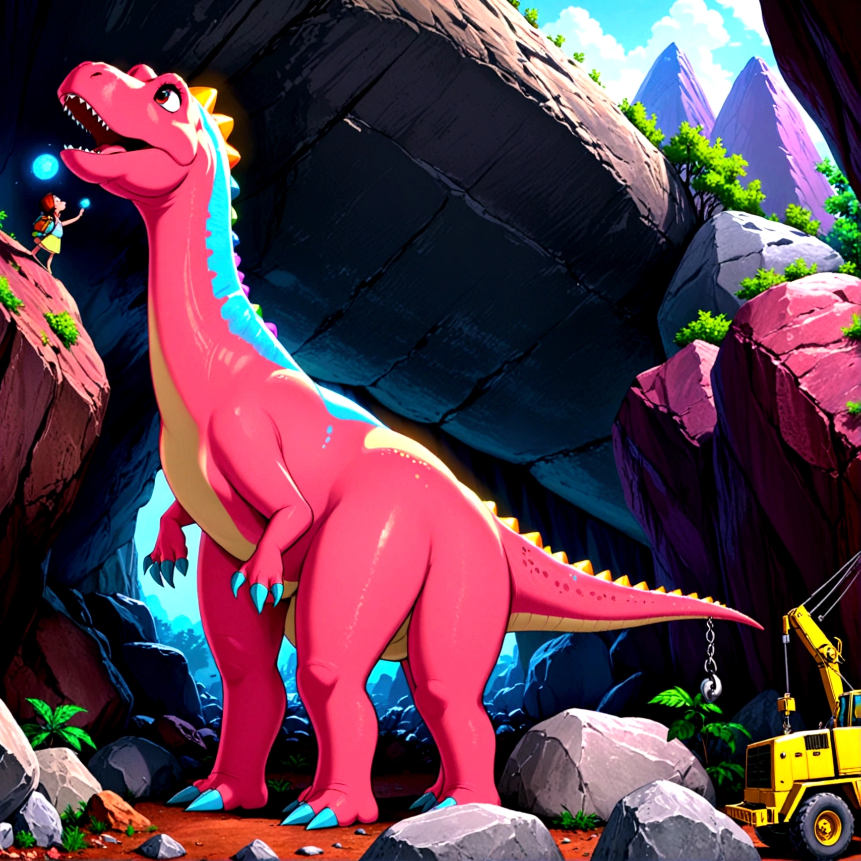 In the town of Bedrock, a pink brontosaurus acts like a crane on a construction site, a cave woman in a stone control room on the dinosaurs back directs its activity,. It is lifting and placing shaped boulders using its mouth