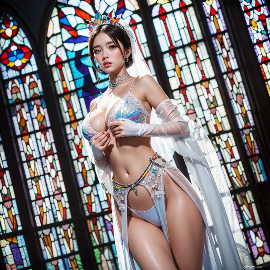 from below:1.2, (((Masterpiece))) 8K TopQuality { physically-based rendering | white and RainbowColors | clear | ZoomLayer } (bokeH:1.4), { (((photorealistic:1.37)))| (Hasselblad) }, ( Detailed Radiant PearlSkin with Transparency), Detailed face and eyes, { ((Beautiful bride goddess))| Princes Tiara| brilliant ruby accessories | delicate white lace knitted see-through wedding dresses }, { (Mystical sight) | god rays |((Dazzling colorful Rays shines through Elaborate stained glass:1.4)) }, { (Gigantic Cleavage:1.37)|(Overflowing)| Biomechanical HUGE and HEAVY boob | Underboob | navel | bleeding from pussy }, { praying hands | hidden hands |Detailed BabyLike hands | white elbow_gloves },(((Dazzling RainbowColorParticles:1.28))), ZoomedOut,