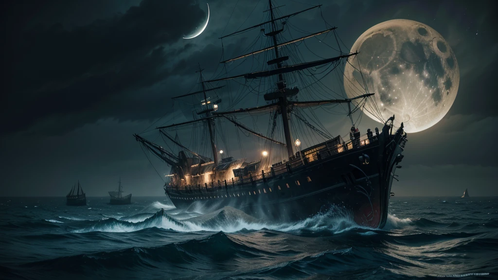 ais-sinisterz a spectral shipwreck in a dark and stormy sea, ghostly figures visible on deck, tangled in seaweed, under a crescent moon