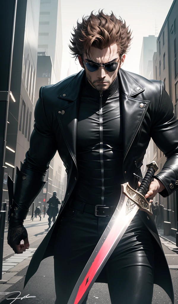 (anime style, high detail, dynamic composition, Blade, the vampire hunter, in a dark, modern cityscape, wearing his iconic black leather outfit and sunglasses, holding his signature sword, intense expression, dramatic lighting)