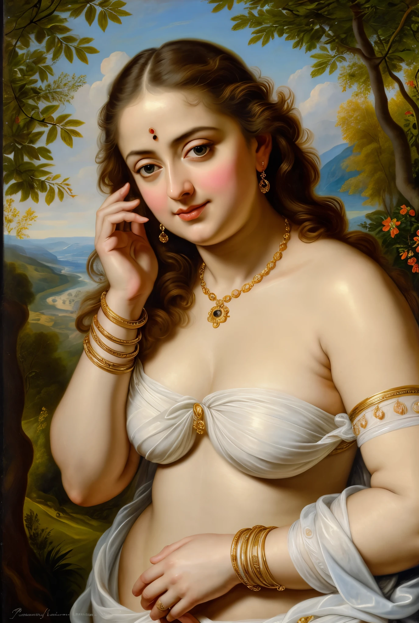 Looks like Anushka Shetty, (solo), middle aged woman, Masterpiece, Best quality, high clarity eyes, beautifully styled hair, curvy, sexy navel folds, feminine curve, motherly figure, critically flawless,sharp picture, Full portrait, High pixels, perfect face, perfect eyes, beautiful face, perfect hands,perfect fingers, in Peter Paul Rubens style, by Peter Paul Rubens, baroque style, acrylic on canvas, highly detailed, description: "Create a nymph inspired by the tales of Greek or Roman mythology, embodying the essence of a natural element or location, and possessing a unique ability or trait that sets her apart.", beautiful nature in the background, Brilliant colors,