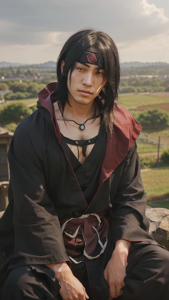 character sitting on a rock with a view of a field, itachi uchiha, itachi, itatchi uchiha, sasuke uchiha, okata kazuto, male character, akatsuki akira, from naruto, male style, young man, madara uchiha, as character, featuring a character from anime/manga with a realistic art style but still maintaining typical Japanese animation elements. This character has long, straight, black hair that falls down to around his shoulders. His hair partially covered his forehead and part of the side of his face. His facial expression looks calm and slightly melancholic, with his eyes looking straight ahead. His eyes are red, with sharp pupils, adding an intense impression to his gaze. There is a vertical mark or scar under his left eye, giving the impression that this character may have had a past full of struggles or battles. He wears a distinctive outfit consisting of a long black robe with red lining and a red cloud motif with white edges, which is characteristic of the Akatsuki organization in the "Naruto" series. Underneath his robe, he wears a gray shirt with a net on the chest. There is a black headband with the Konoha symbol crossed out on the forehead, indicating that he is a missing-nin or a traitor from the village. This character wears a black necklace with a pendant in the shape of round and eye patterns, adding a mystical and mysterious element to his appearance. The background of the image shows a natural scene with green grass and a slightly cloudy sky, creating a contrast to the character's dark appearance. The lighting in this image comes from the right side, providing a soft shadow effect on the character and adding visual depth.