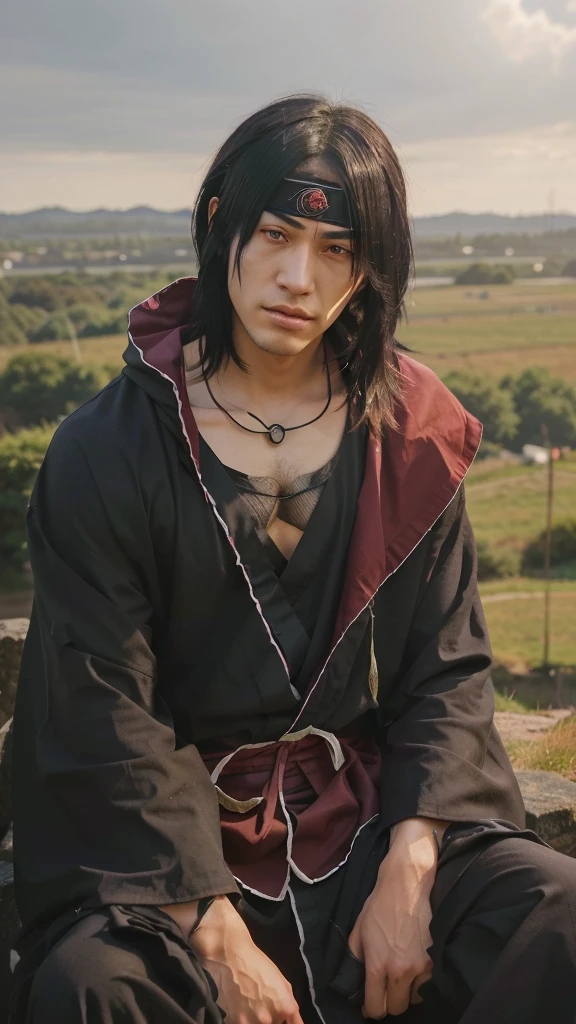 character sitting on a rock with a view of a field, itachi uchiha, itachi, itatchi uchiha, sasuke uchiha, okata kazuto, male  character, akatsuki akira, from naruto, male style, young  man, madara uchiha, as character, featuring a character from anime/manga with a realistic art style but still maintaining typical Japanese animation elements. This character has long, straight, black hair that falls down to around his shoulders. His hair partially covered his forehead and part of the side of his face. His facial expression looks calm and slightly melancholic, with his eyes looking straight ahead. His eyes are red, with sharp pupils, adding an intense impression to his gaze. There is a vertical mark or scar under his left eye, giving the impression that this character may have had a past full of struggles or battles. He wears a distinctive outfit consisting of a long black robe with red lining and a red cloud motif with white edges, which is characteristic of the Akatsuki organization in the "Naruto" series. Underneath his robe, he wears a gray shirt with a net on the chest. There is a black headband with the Konoha symbol crossed out on the forehead, indicating that he is a missing-nin or a traitor from the village. This character wears a black necklace with a pendant in the shape of round and eye patterns, adding a mystical and mysterious element to his appearance. The background of the image shows a natural scene with green grass and a slightly cloudy sky, creating a contrast to the character's dark appearance. The lighting in this image comes from the right side, providing a soft shadow effect on the character and adding visual depth.