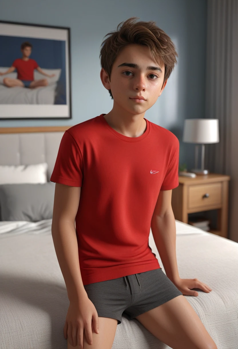 (((Realistic graphics))), (((realistic textures))), realistic face features, realistic body proportions, 1 boy, shaved, soft body, innocent face, brown blob hair, tight red tshirt, no pants, no underwear, small penis, (((tiny penis))), in bedroom, detailed bedroom