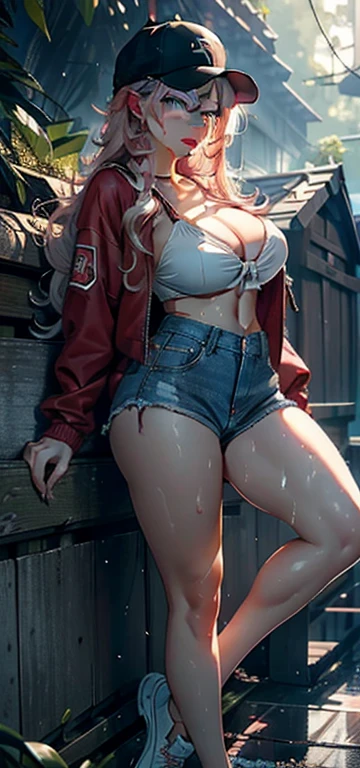 1female,35yo,MILF,gigantic cleavage breasts,Big breasts Thin waist,slenderlegs,Pornographic exposure, solo,(Background with:ln the forest,the rainforest,in summer) She has long pink hair,standing on your feet,Sweat profusely,drenched all over the body,seen from the front, hair straight, mostly cloudy sky,(((tmasterpiece),(Very detailed CG unity 8K wallpaper),best qualtiy,cinmatic lighting,detailed back ground,beatiful detailed eyes,Bright pupils,blue color eyes,Redlip(Very fine and beautiful),(Beautiful and detailed eye description),ultra - detailed,tmasterpiece,)),facing at camera,(Full body photo),Show shoes,A high resolution,ultra - detailed),revealing breasts,Bare genitals, Lower body elevation,Raised sexy,Camel toes,Flushed complexion,Open-mouthed,frontage,baseball cap(Wearing:Red baseball jacket,Sexy denim panties,athletic sneakers),full bodyesbian,Show shoes