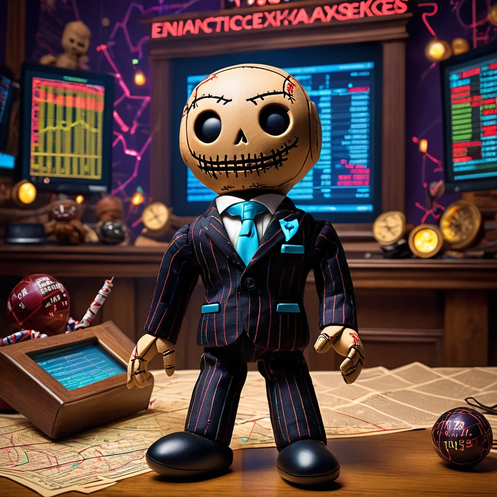 (knitted toy voodoo doll:1.5), (Voodoo Trader:1.3), (Clothing: tailored suit with glowing financial symbols:1.0), (Accessories: enchanted stock ticker tape, levitating charts:1.1), (background: mystical stock exchange with floating graphs and glowing market trends:1.2), best quality, masterpiece, detailed soft oil painting, detailed background, dramatic cinematic lighting, soft edge lighting, professional, dramatic lighting, hard edge lighting, ultra quality, 4k,masterpiece, best quality, 8k, ultra highres, highres, extremely detailed