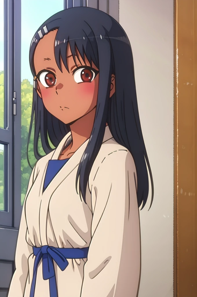 masterpiece, best quality, high resolution, looking at viewer, nagatoro hayase, hair ornament, brown eyes, hairpin, dark skin, black hair, hair ornament, ribbon