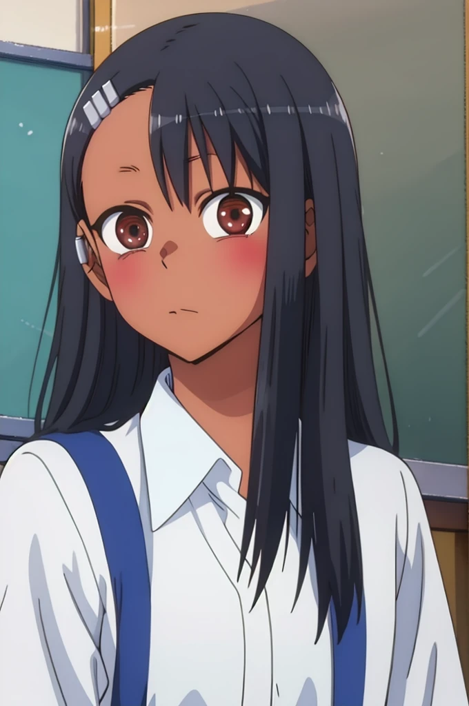 masterpiece, best quality, high resolution, looking at viewer, nagatoro hayase, hair ornament, brown eyes, hairpin, dark skin, black hair, hair ornament, ribbon