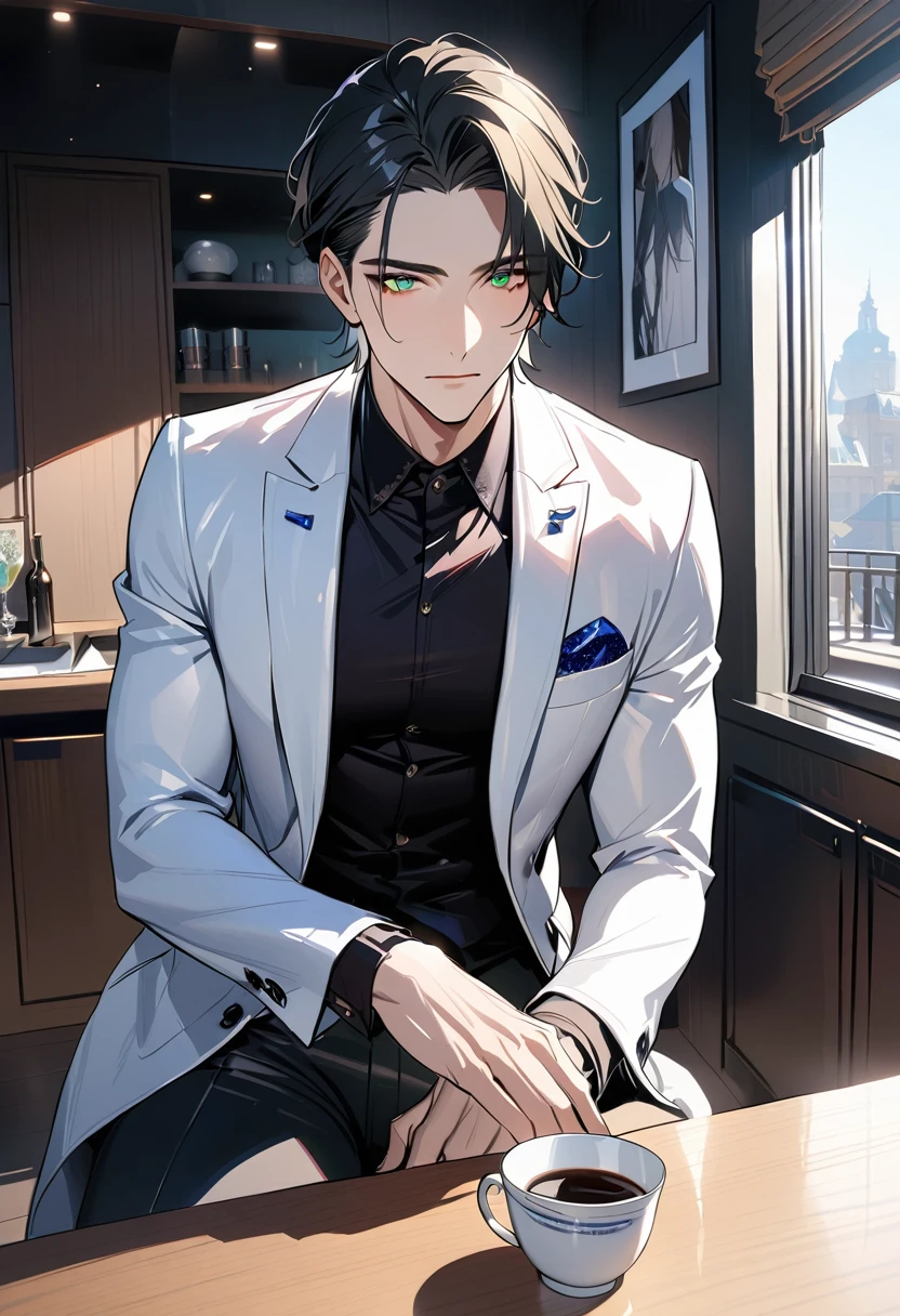 1 male, 25 years old British male, decisive, graceful, tattooed, emerald eyes, black hair, white suit, British gentleman, long legs
Holding a cup of coffee in his hand,Office President,一个现代Handsome哥,25-year-old male,Black Hair,Green eyes,short hair,No bangs,Show forehead,Middle parted hair,young people,Dynamic Hair,Delicate face,Bright Eyes,Gem Eyes, Extremely detailed eyes, Handsome,Handsome,White skin,Single photo,Upper body photo from thigh up,Handsome哥,Handsome face,masterpiece,HD,masterpiece,Sense of division,a beautiful man,Exquisite eyes,Carefully sculpted hair,Rich in details,Standinging in front of a white background,Handsome哥,juvenile,blond,short hair,Handsome face,Handsome,Handsome,超级Handsome哥,White skin,Fair skin,Handsome哥,Handsome face,Pretty Face,indifferent的表情,Reflective hair,Shiny hair,现代都市Handsome哥,Modern Clothing,Fashion,Casual jacket,trend,Handsome,upright,Standing,front,Moderate,Direct vision,Eye height,Wearing a white coat,Black pants,front面貌,front,Stay away from the camera,whole body,High cold temperament,Shoulder height,front面貌直面镜头,(whole body照片),whole body,Imagine,blond,cold face,indifferent,cold,Don't laugh,Residence,poker face,4K, ((masterpiece)),((best quality)),((High Detail)),((Practical,)) ((best quality)), ((masterpiece)), ((Practical)),high resolution, ((Intricate details)), Very detailed,masterpiece, best quality, (Very detailed CG unity 8k wallpaper), (best quality), (Best Illustration Award), (Best shadow),,Ray Tracing, Very detailed