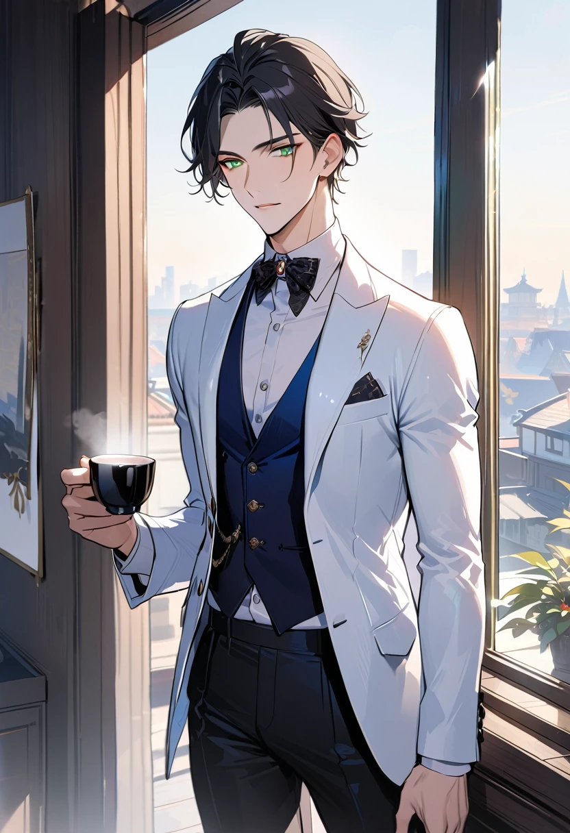 1 male, 25 years old British male, decisive, graceful, tattooed, emerald eyes, black hair, white suit, British gentleman, long legs
Holding a cup of coffee in his hand,Office President,一个现代Handsome哥,25-year-old male,Black Hair,Green eyes,short hair,No bangs,Show forehead,Middle parted hair,young people,Dynamic Hair,Delicate face,Bright Eyes,Gem Eyes, Extremely detailed eyes, Handsome,Handsome,White skin,Single photo,Upper body photo from thigh up,Handsome哥,Handsome face,masterpiece,HD,masterpiece,Sense of division,a beautiful man,Exquisite eyes,Carefully sculpted hair,Rich in details,Standinging in front of a white background,Handsome哥,juvenile,blond,short hair,Handsome face,Handsome,Handsome,超级Handsome哥,White skin,Fair skin,Handsome哥,Handsome face,Pretty Face,indifferent的表情,Reflective hair,Shiny hair,现代都市Handsome哥,Modern Clothing,Fashion,Casual jacket,trend,Handsome,upright,Standing,front,Moderate,Direct vision,Eye height,Wearing a white coat,Black pants,front面貌,front,Stay away from the camera,whole body,High cold temperament,Shoulder height,front面貌直面镜头,(whole body照片),whole body,Imagine,blond,cold face,indifferent,cold,Don't laugh,Residence,poker face,4K, ((masterpiece)),((best quality)),((High Detail)),((Practical,)) ((best quality)), ((masterpiece)), ((Practical)),high resolution, ((Intricate details)), Very detailed,masterpiece, best quality, (Very detailed CG unity 8k wallpaper), (best quality), (Best Illustration Award), (Best shadow),,Ray Tracing, Very detailed