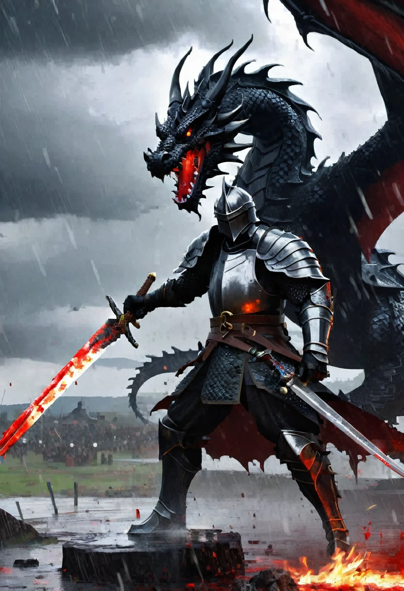 dragon, guy, longsword, blackknight facing dragon, bloody, war, battlefield, smoking-background, rain, cloudly, storm