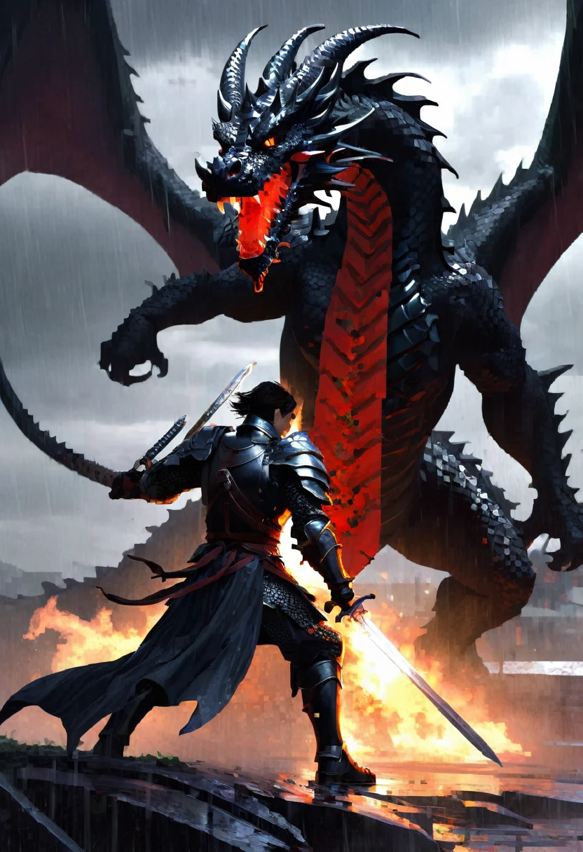 dragon, guy, longsword, blackknight facing dragon, bloody, war, battlefield, smoking-background, rain, cloudly, storm