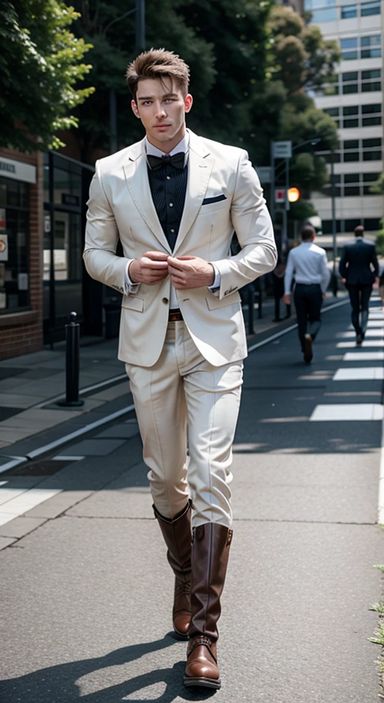 high resolution image of a muscular man, white-skinned, showing full body, flat hair, muscular arms, wearing formal clothes on a muscular body, wearing brown leather buckle boots, walking in Sydney blurred in the background, With Sun, holding men&#39;s briefcase, looking at camera, perfect italian style face, fine nose, squared chin, barba, pink mouth lips, cloused mouth, well-defined eyes with blue iris, muscular legs, 8K ultra resolution.
