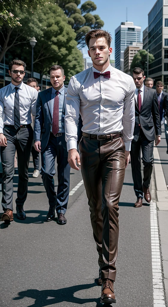 high resolution image of a muscular man, white-skinned, showing full body, flat hair, muscular arms, wearing formal clothes on a muscular body, wearing brown leather buckle boots, walking in Sydney blurred in the background, With Sun, holding men&#39;s briefcase, looking at camera, perfect italian style face, fine nose, squared chin, barba, pink mouth lips, cloused mouth, well-defined eyes with blue iris, muscular legs, 8K ultra resolution.