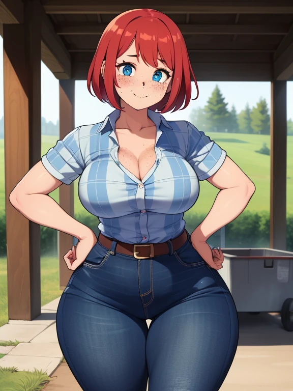  ((highres)), Masterpiece, high quality, best quality, beautiful, perfect lighting, detailed face, ultra cute face, ((1girl)), ((solo), short red hair, fluffy hair, blue eyes, freckles, (blush), affectionate smile, looking at viewer, hand on hip, arm at side, farm, daytime, flannel shirt, jeans, boots, (large breasts), perky breasts, wide hips, thick thighs, 