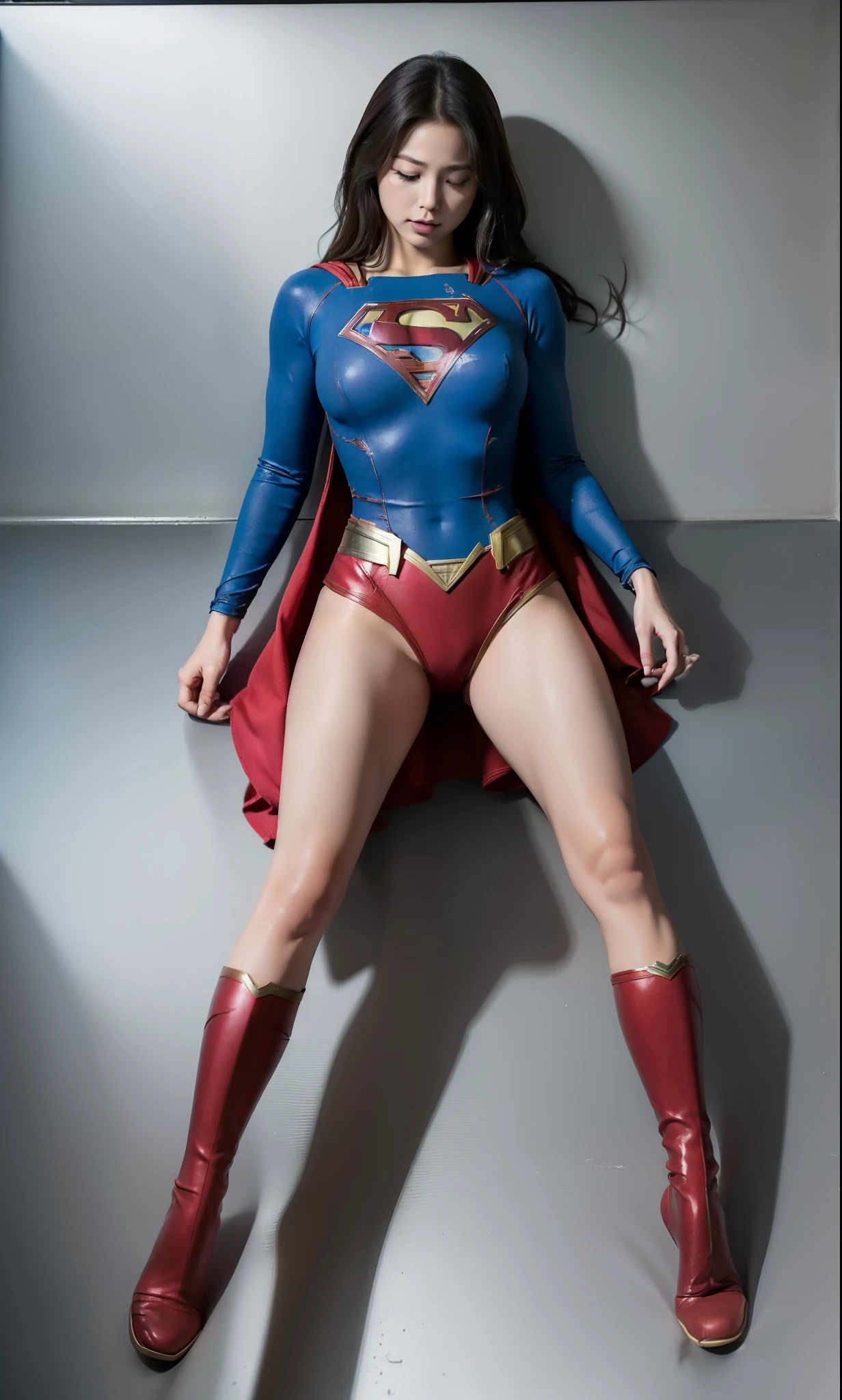 (((Highest quality、8K、masterpiece:1.3))、Supergirl、胸にSupergirlのロゴ、Eyes closed、Head facing down、hang down your neck、Sharp focus:1.2、Beautiful woman with perfect figure:1.4、Slim Abs:1.2、((Layered Cut、Huge boobs:1.2))、Wet body:1.5、非常に詳細な顔と肌の質感Supergirl、Bloodstained、Clothes are shredded、Torn、Highest quality, Familiar, High resolution), 1 Girl, Supergirl、Super Heroine、Bishoujo Warrior、defeat、Lying down'return、fall、knock out、フィットしたSupergirlのコスチューム、Enlarge your breasts、Muscular、alone, From above,sleepy, sleepワイン, Doll joints、sleep、it hurts、it hurts look、syncope、cadaver、Beautiful crotch、High detail、8K