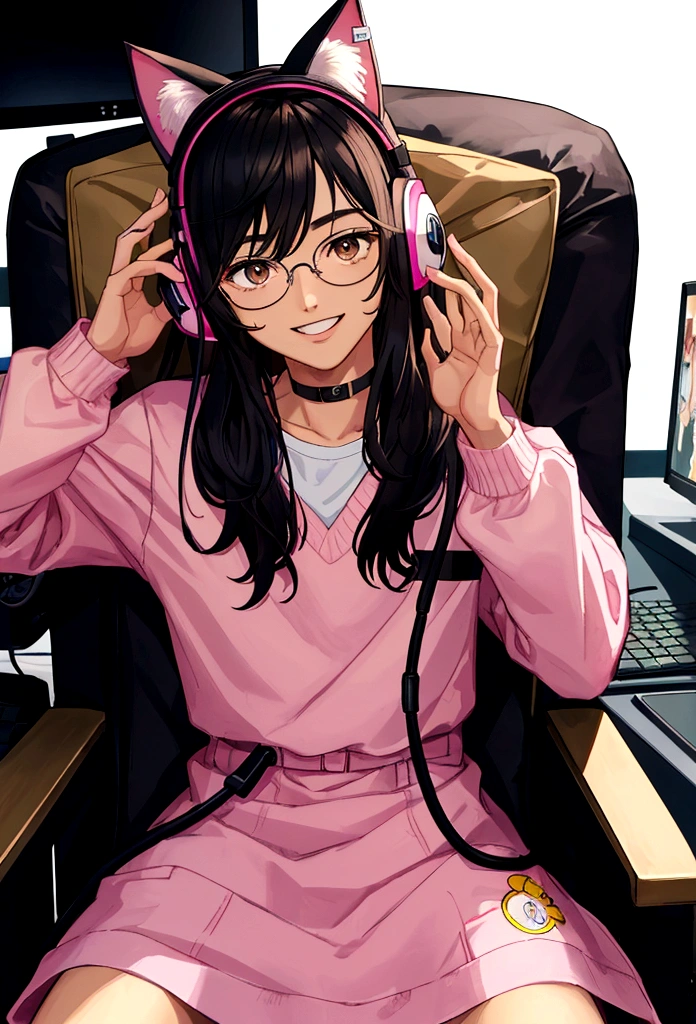 ((best quality)), ((masterpiece)), (detailed), a young man sitting in a gaming chair in front of a pc. Has black hair and brown eyes. Wearing glasses. Smiling. Looking up. Wearing pink cat ear headphones. Has a gaming bedroom in the background