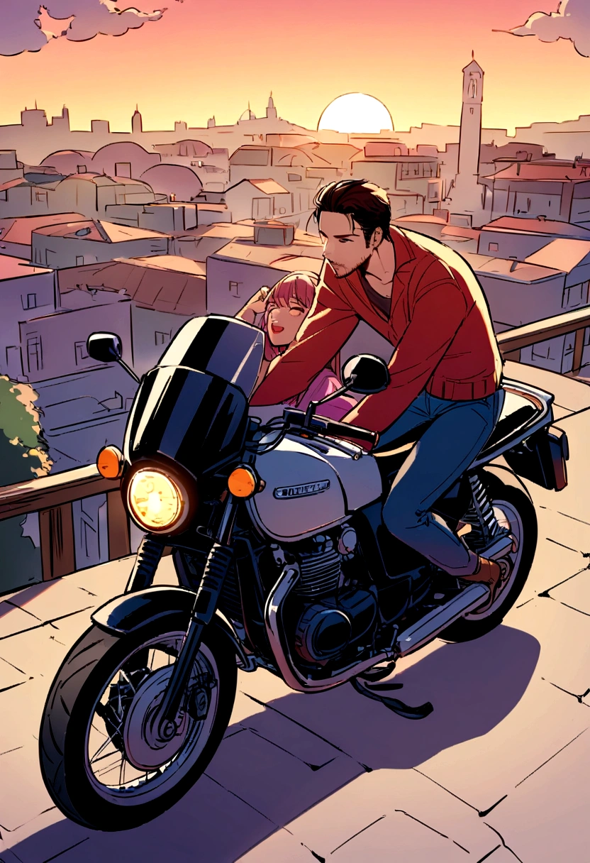 An illustration of freedom and happiness Holiday, an illustration of a Roman Holiday scene in which two people travel on a Triumph big motorbike, the theme of the illustration is freedom and love. This scene shows Chinese girlfriend and western boyfriend enjoying their  and falling in love. BlackPink Lisa and Ryan Reynolds
BREAK,
The back view of two people riding a Triumph big motorbike, the view of two people riding a Triumph big motorbike looking at the cityscape of Rome, the view of two people riding a motorcycle illuminated by the sunset,
Expressing BlackPink Lisa in bright colors, expressing Ryan Reynolds in dark colors, expressing the streets of Rome in colorful colors, expressing the sunset in warm colors, BlackPink Lisa's distinctive eyes, and BlackPink Lisa's beauty. Express with colors that emphasize
