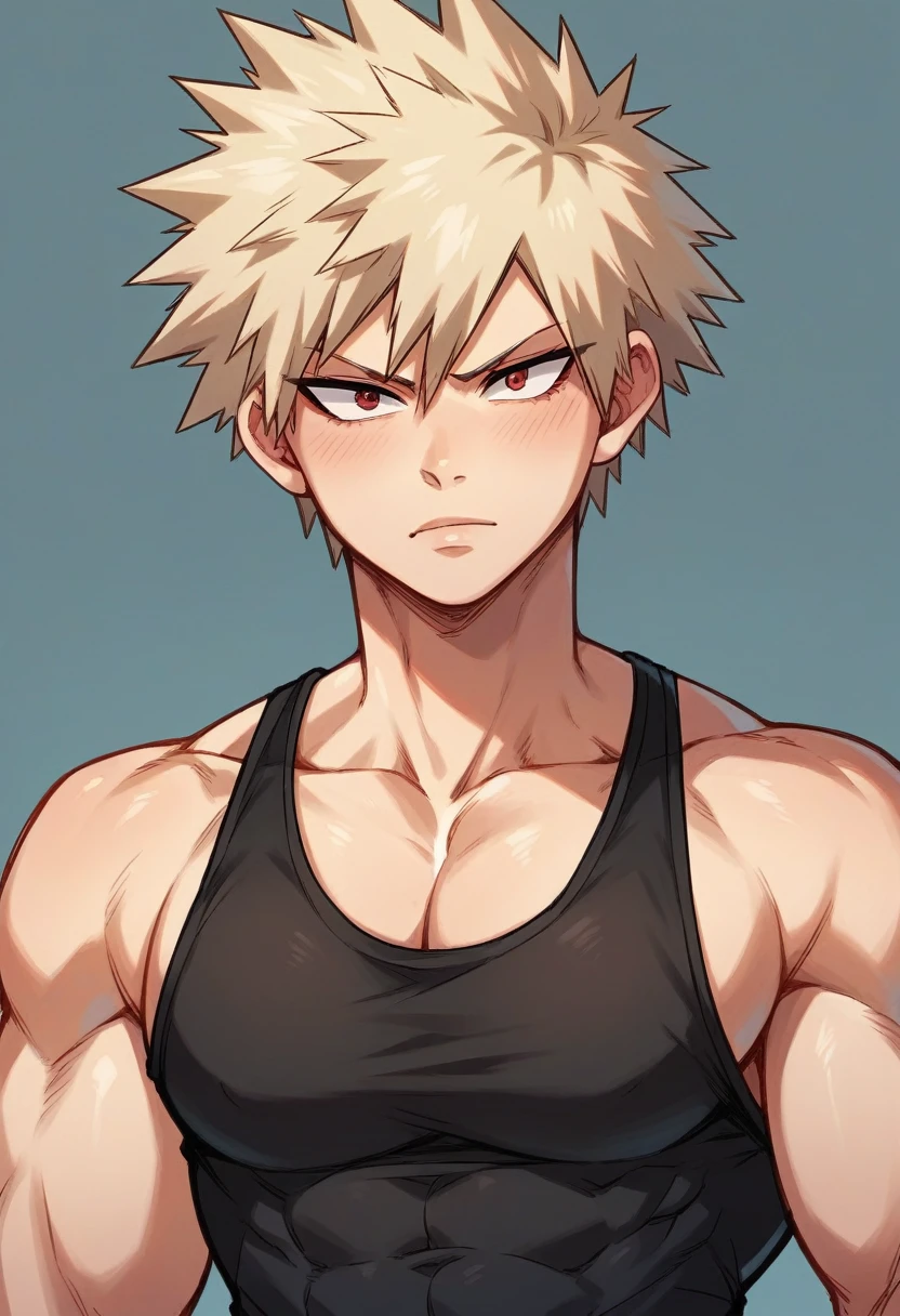 Katsuki Bakugou, blondie hair, muscular and attractive body, beautiful face, wearing a black tank top, defined arms and chest, Eyes red