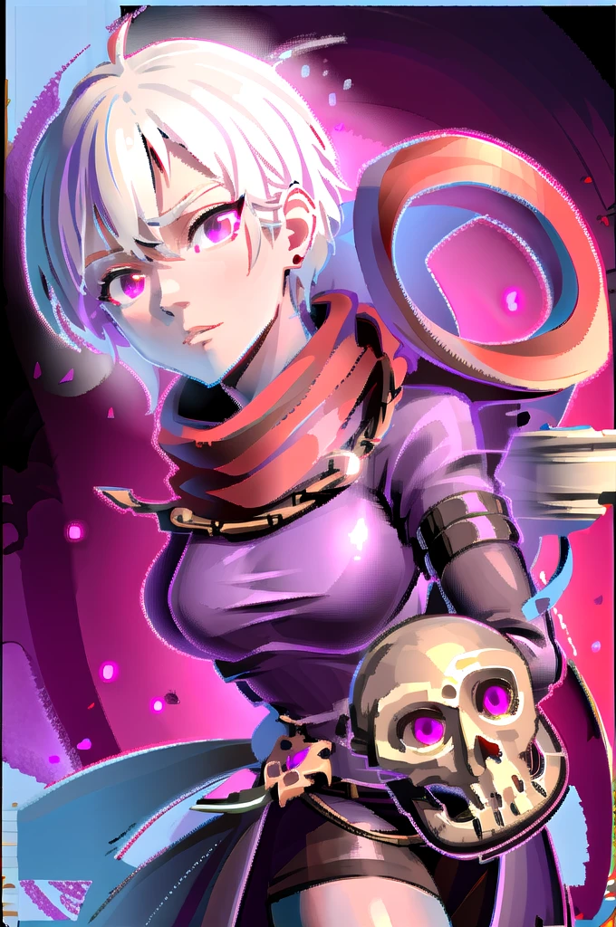 Guillotine Cross 1 คน, white hair, purple eyes, Hand holding a scientific flask, Moderate breath , Black robe, Spinning knives fly around., scarf, science laboratory background, medicine stall, ขวดทดลอง Potions , Red Potions Crystal Skull Test Bottle, light particles, Magical light, daytime