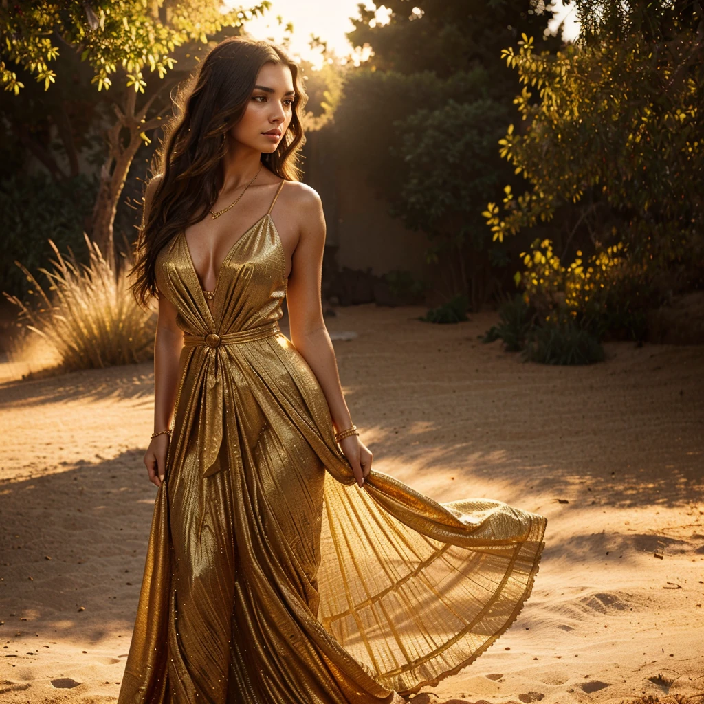 A beautiful woman, detailed face, warm golden hour lighting, intricate jewelry, flowing dress, elegant pose, photorealistic, highly detailed, cinematic lighting, dramatic colors, digital art, neked.